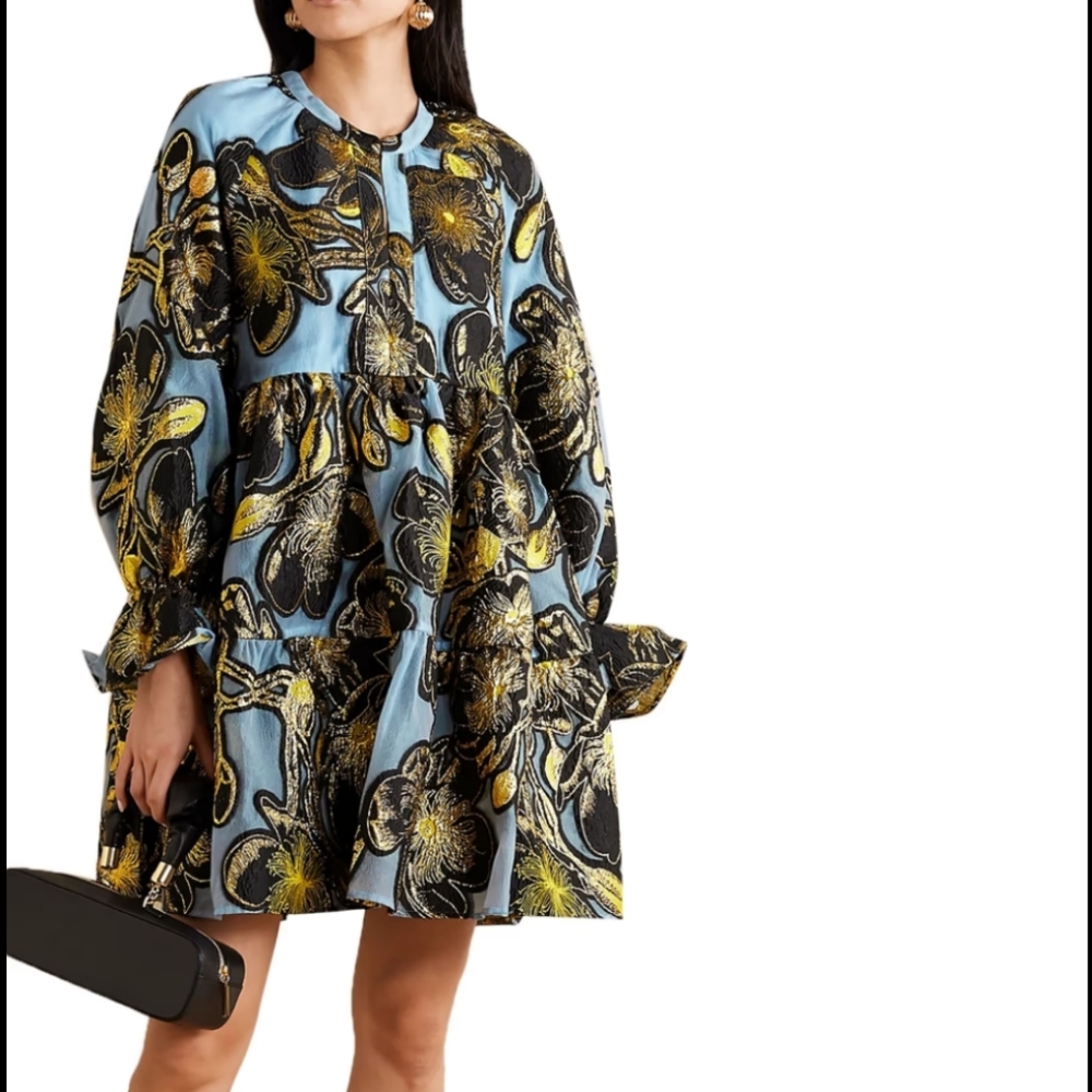 Stine Goya Dress NWT Size L Blue Gold Ivana Tiered Metallic Organza Jacquard